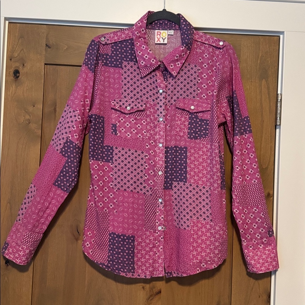Roxy patchwork pearl snap down Western blouse Top shirt Womens XL Bandana